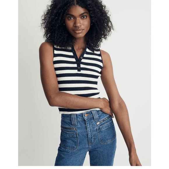 Madewell Owen Polo Sweater Tank in Stripe Deep Indigo Size Medium NEW - Picture 1 of 7
